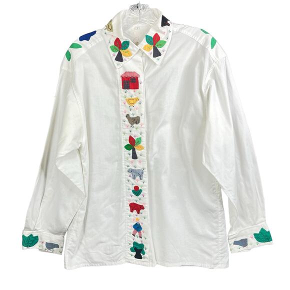 Unbranded Tops - Vintage White Embroidered Cotton Shirt One Of A Kind Handmade M